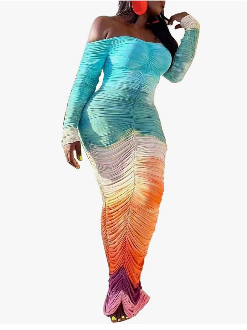 Amazon Off-Shoulder Ruched Maxi Dress in Turquoise, Orange & Purple Gradient